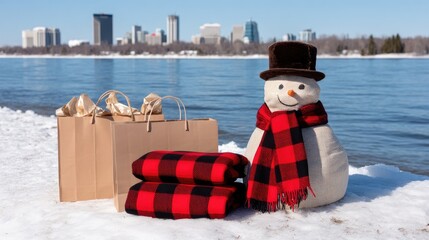 Snowman carries shopping bags next to a present in a winter landscape with snow, showing holiday preparations and cheer