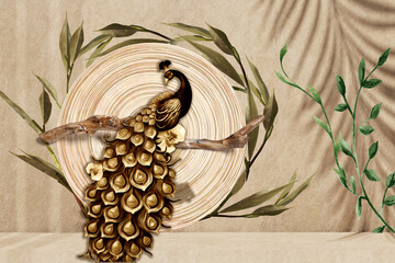 Minimal abstract concrete texture background for cosmetic product presentation. Premium podium with tropical palm leaf shadow on beige natural stone wall. Realistic 3d rendering