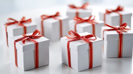 Three wrapped gifts sit on a table with red ribbons. Soft lights create a festive mood for winter celebrations