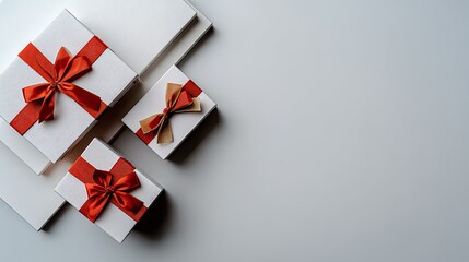 Three wrapped gifts sit on a table with red ribbons. Soft lights create a festive mood for winter celebrations
