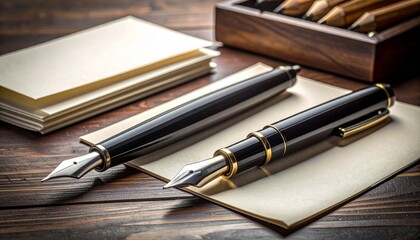 Two black fountain pens with gold accents on beige notepad and wooden desk with pencil box