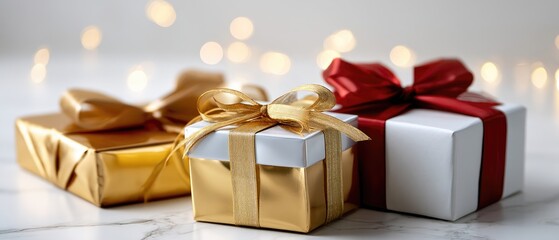 Three wrapped gifts sit on a table with red ribbons. Soft lights create a festive mood for winter celebrations