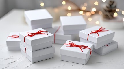 Three wrapped gifts sit on a table with red ribbons. Soft lights create a festive mood for winter celebrations