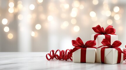 Three wrapped gifts sit on a table with red ribbons. Soft lights create a festive mood for winter celebrations