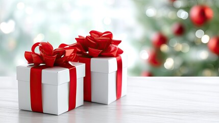 Three wrapped gifts sit on a table with red ribbons. Soft lights create a festive mood for winter celebrations