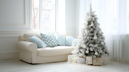 A living room shows a Christmas tree and plants next to a window with a view of a winter day and sunlight coming in