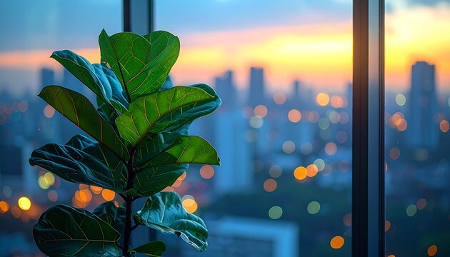 Fiddle Leaf Fig Tree Standing by Window with Blurred City Skyline at Sunset