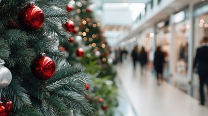 A decorated shopping mall shows a Christmas tree with gold ornaments and lights. Shoppers walk around enjoying the holiday spirit