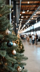 A decorated shopping mall shows a Christmas tree with gold ornaments and lights. Shoppers walk around enjoying the holiday spirit