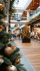 A decorated shopping mall shows a Christmas tree with gold ornaments and lights. Shoppers walk around enjoying the holiday spirit