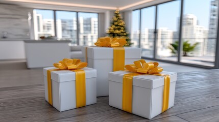 Presents of different colors are placed on a wooden floor in front of a decorated tree while soft lights decorate the background