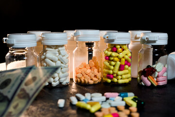 A close-up view features several medication bottles filled with diverse colored pills and capsules, foregrounded by scattered tablets and blurred US currency.
