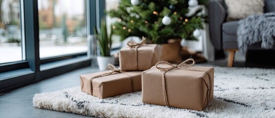 Presents of different colors are placed on a wooden floor in front of a decorated tree while soft lights decorate the background