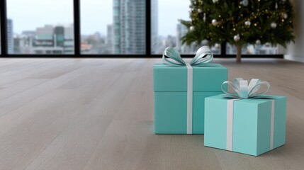 Presents of different colors are placed on a wooden floor in front of a decorated tree while soft lights decorate the background