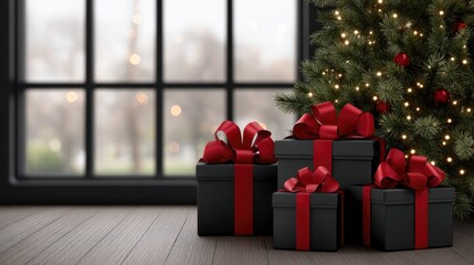 Presents of different colors are placed on a wooden floor in front of a decorated tree while soft lights decorate the background