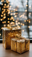 Presents of different colors are placed on a wooden floor in front of a decorated tree while soft lights decorate the background