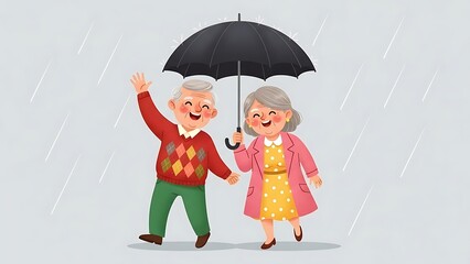 Elderly Couple Walking Under Umbrella in Rain