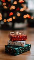 Presents of different colors are placed on a wooden floor in front of a decorated tree while soft lights decorate the background