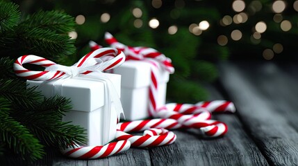 A red gift box is placed on a wooden table surrounded by Christmas decorations and a candy cane