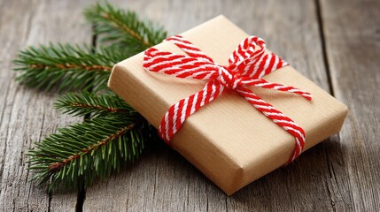 A red gift box is placed on a wooden table surrounded by Christmas decorations and a candy cane