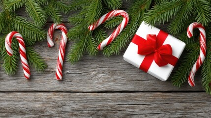 A red gift box is placed on a wooden table surrounded by Christmas decorations and a candy cane