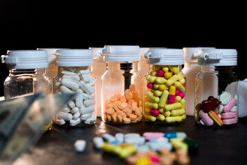 Numerous plastic prescription bottles containing white, orange, yellow, and multi-colored pills are displayed against a dark background.