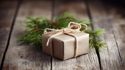 A red gift box is placed on a wooden table surrounded by Christmas decorations and a candy cane