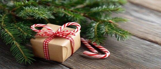 A red gift box is placed on a wooden table surrounded by Christmas decorations and a candy cane