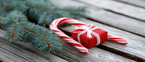 A red gift box is placed on a wooden table surrounded by Christmas decorations and a candy cane