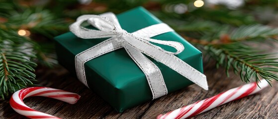 A red gift box is placed on a wooden table surrounded by Christmas decorations and a candy cane