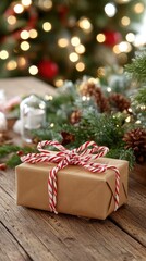 A red gift box is placed on a wooden table surrounded by Christmas decorations and a candy cane