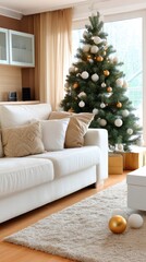 Chairs are placed near a Christmas tree with wrapped gifts in a room that has wooden walls and warm light fixtures