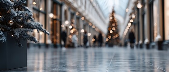People walk quickly through a shopping mall while a Christmas tree stands in the center, surrounded by storefronts and lights