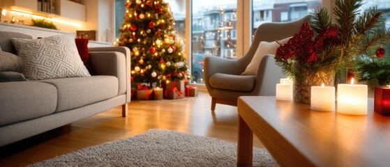 Chairs are placed near a Christmas tree with wrapped gifts in a room that has wooden walls and warm light fixtures