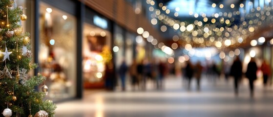 People walk quickly through a shopping mall while a Christmas tree stands in the center, surrounded by storefronts and lights