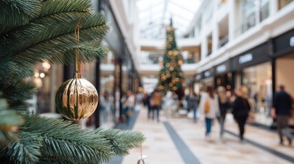 People walk quickly through a shopping mall while a Christmas tree stands in the center, surrounded by storefronts and lights