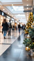 People walk quickly through a shopping mall while a Christmas tree stands in the center, surrounded by storefronts and lights