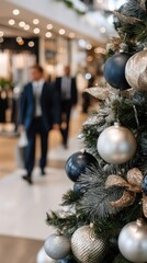 People walk quickly through a shopping mall while a Christmas tree stands in the center, surrounded by storefronts and lights