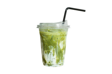 Iced matcha latte in plastic cup with straw on transparent background healthy refreshing beverage delicious drink with cold matcha and milk
