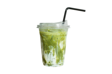 Iced matcha latte in plastic cup with straw on transparent background healthy refreshing beverage delicious drink with cold matcha and milk