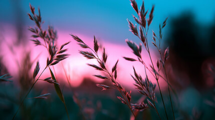 Silhouettes of wild grass stems, dreamy pink blue sunset sky, peaceful natural panoramic scene, soft bokeh effect, twilight meadow, with copy space