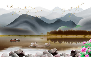 mountain landscape with lake and mountains