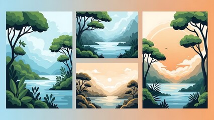 Landscape Paintings of Trees and Water with Mountains