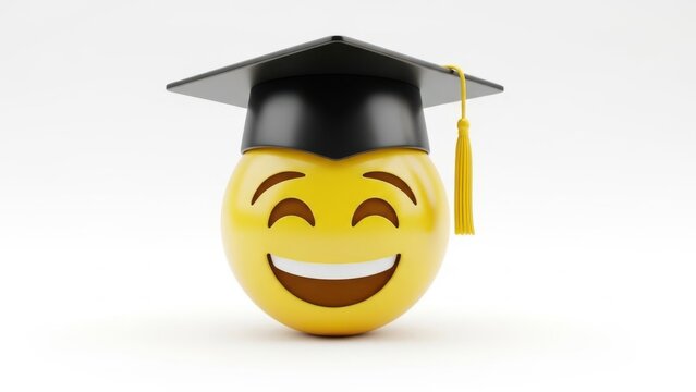 Smiling face emoji wearing a graduation cap isolated on white background