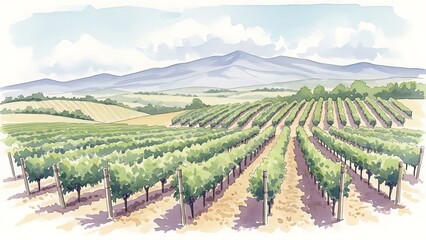 Vineyard Rows in Countryside with Mountains