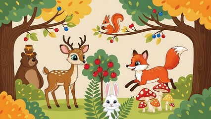 Cartoon Forest Animals Playing Together in Woods