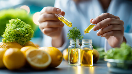 Scientist analyzing natural extracts with fresh produce, laboratory research, botanical compounds, food science, organic chemistry, with copy space