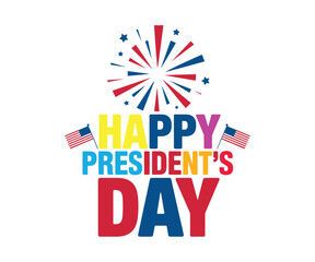 Fototapeta premium Happy Presidents Day text with American flags and fireworks celebration.
