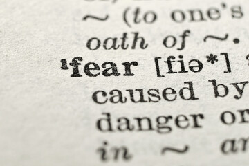 Fear definition in English dictionary, macro close-up