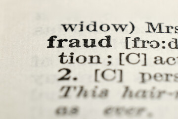 Fraud definition in English dictionary, macro close-up
